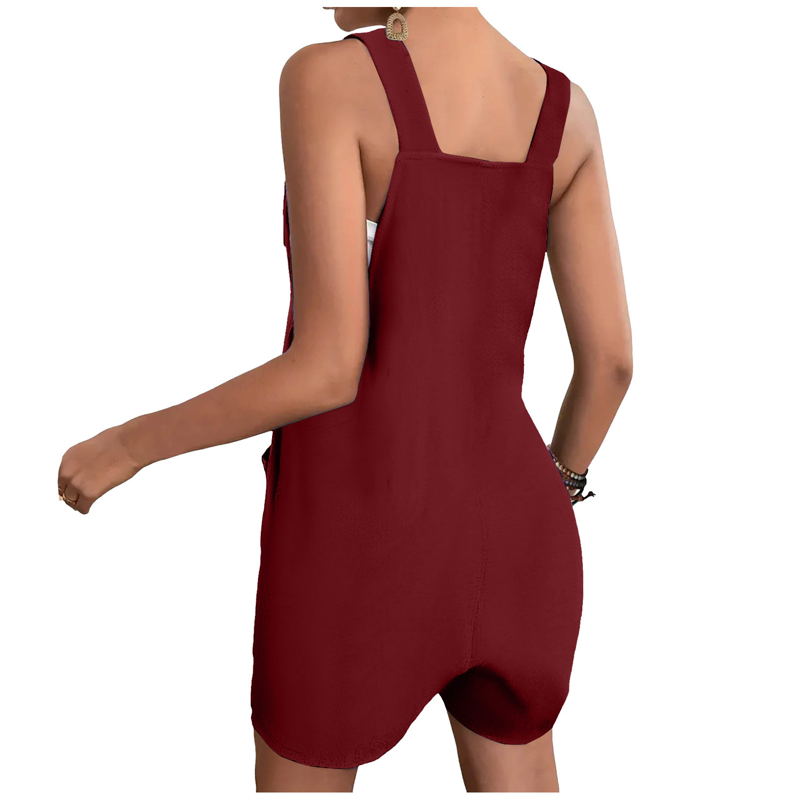 thumbnail image 3 of Mono corto de verano informal con botones para mujer - Poliéster, sin mangas, pantalón corto ancho - S-XXL, 3 of 5